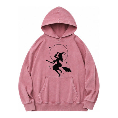 Witch On Broom Vintage Washed Hoodie – Dusty Rose