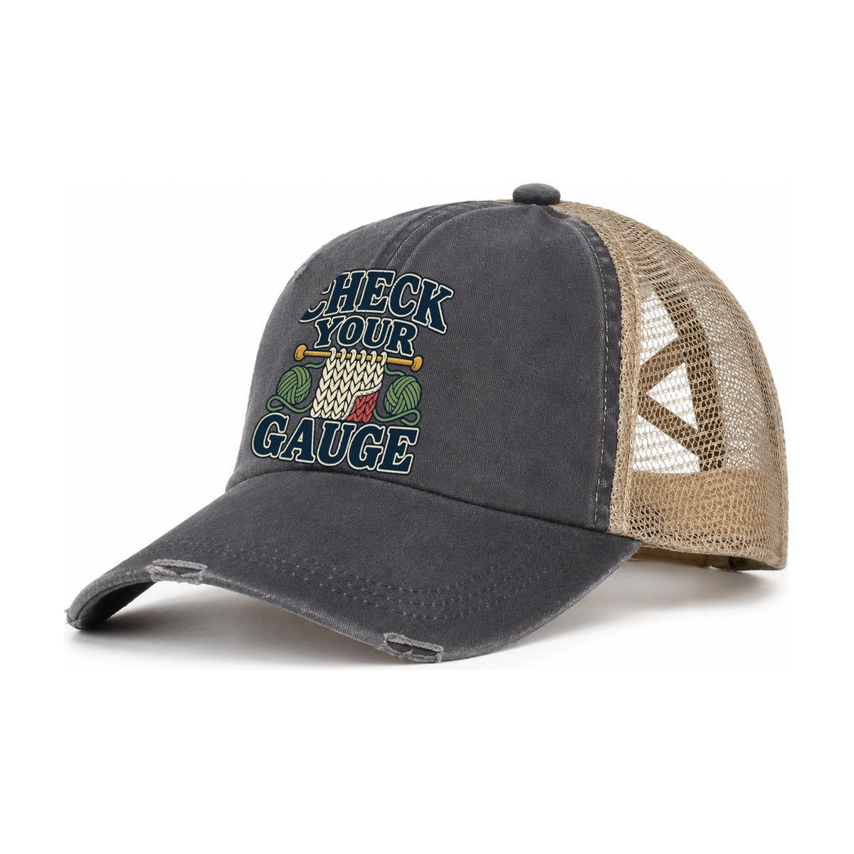 Check Your Gauge Yarn Crafts Women's Ponytail Trucker Hat – Charcoal Khaki