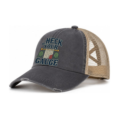 Check Your Gauge Yarn Crafts Women's Ponytail Trucker Hat – Charcoal Khaki