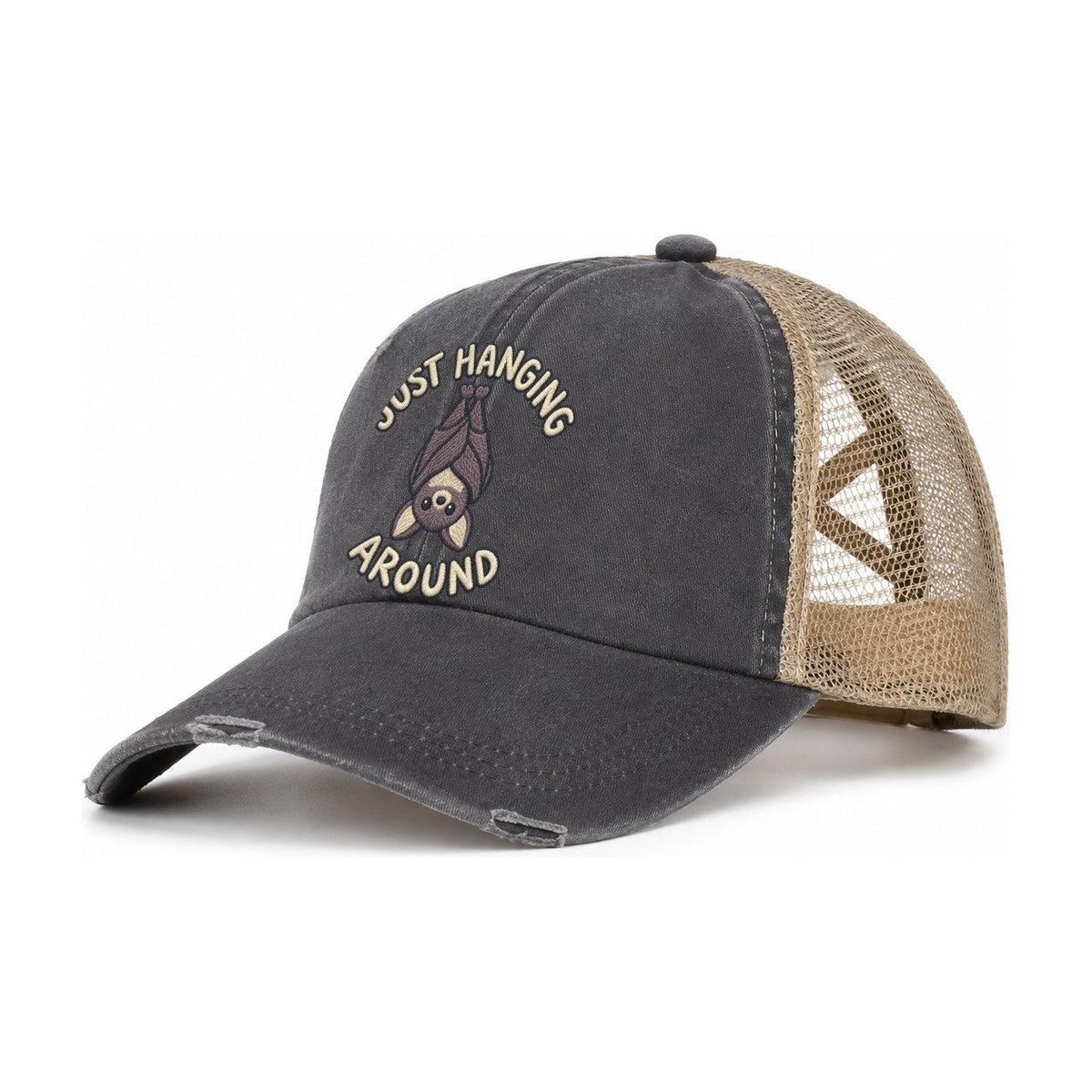Bat Animal Puns Women's Ponytail Trucker Hat – Charcoal Khaki