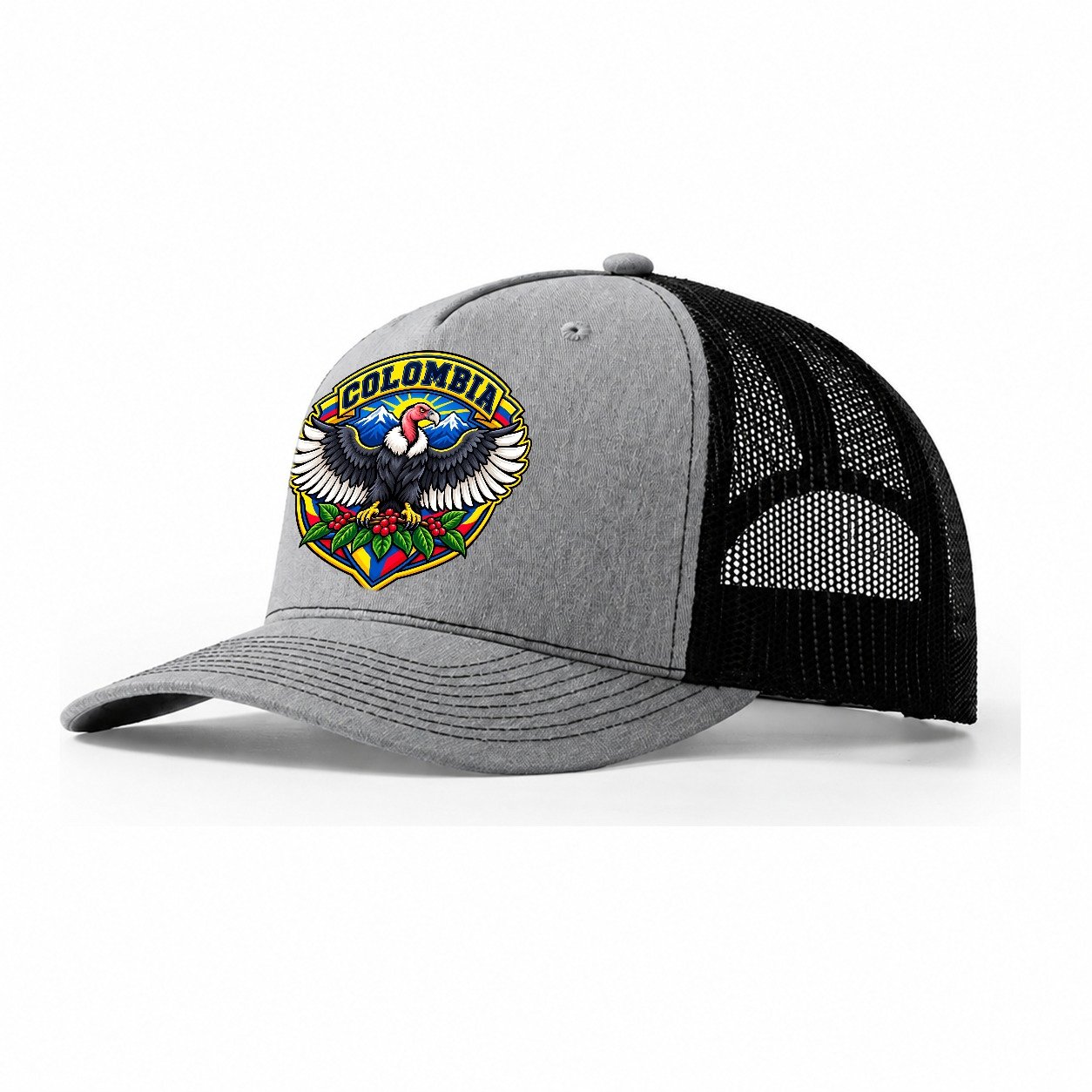 Colombia Retro Badge Country Logos Trucker Hat – Sport Grey Black