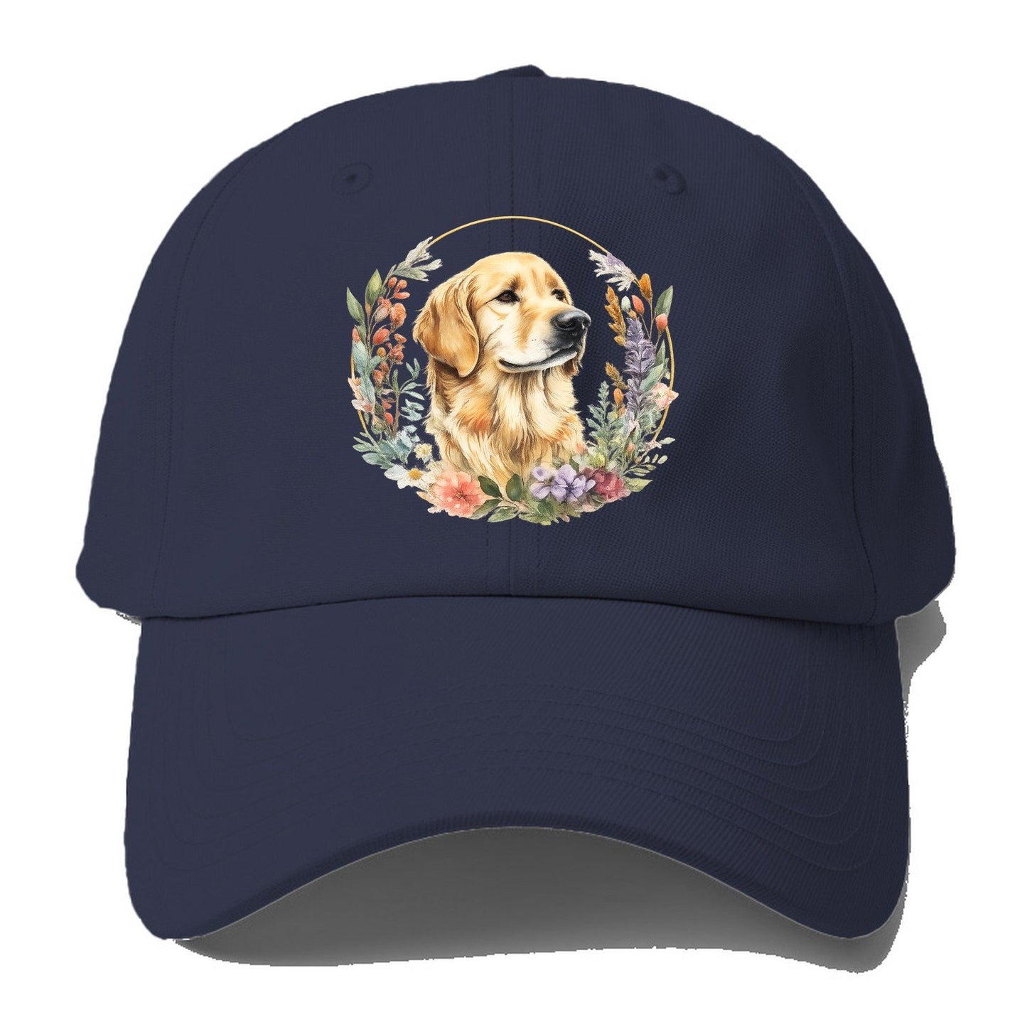 Golden Retriever Floral Portrait Baseball Cap – Twilight Navy