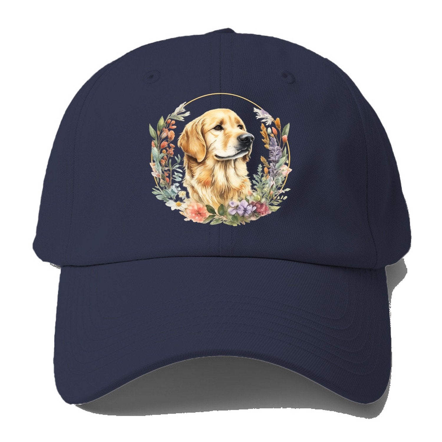Golden Retriever Floral Portrait Baseball Cap – Twilight Navy