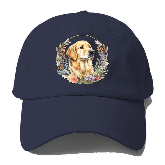 Golden Retriever Floral Portrait Baseball Cap – Twilight Navy