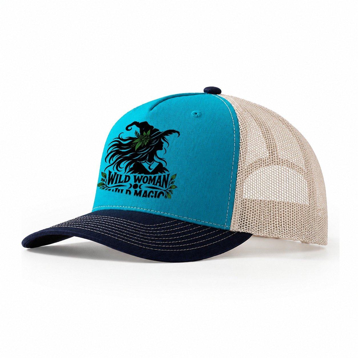 Wild Woman Wild Magic Slogan Witch Magic Trucker Hat – Teal Navy