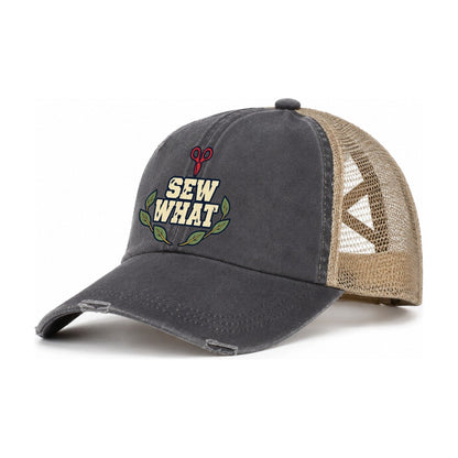 Sew What Sewing And Quilting Women's Ponytail Trucker Hat – Charcoal Khaki