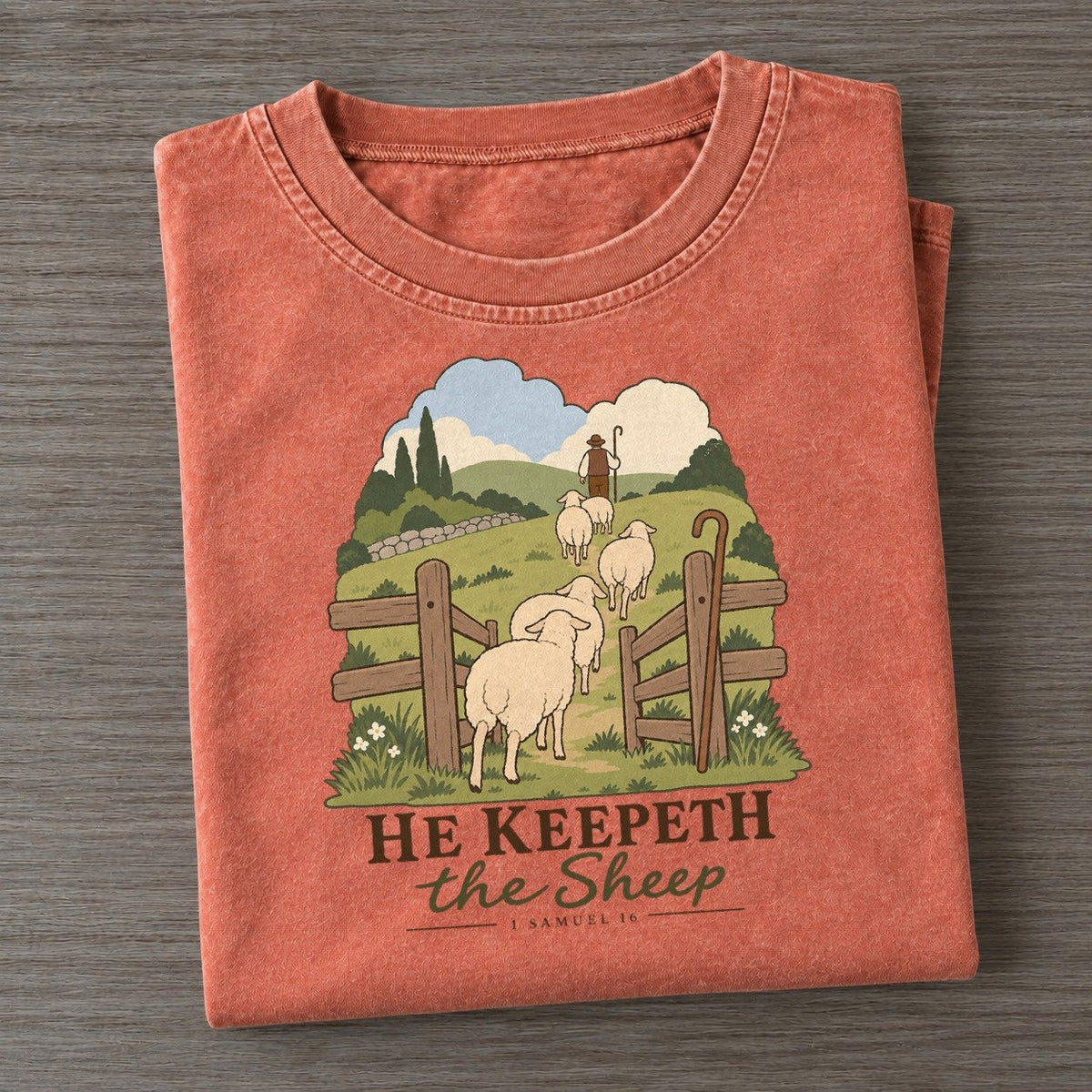 He Keepeth The Sheep The Counting Gate Vintage T-shirt – Terracotta