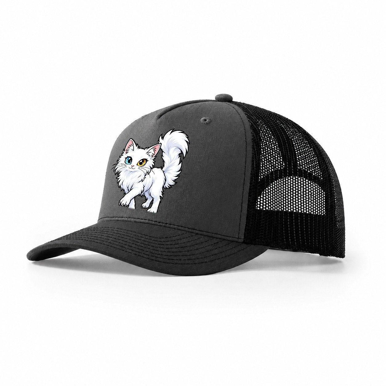 Turkish Angora Tail Up Peeking Cats Trucker Hat – Dark Grey Black