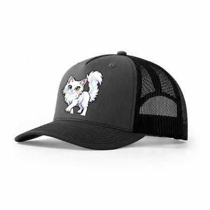 Turkish Angora Tail Up Peeking Cats Trucker Hat – Dark Grey Black