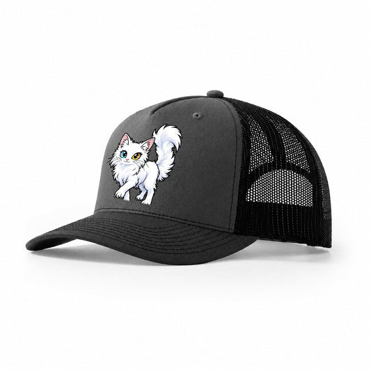 Turkish Angora Tail Up Peeking Cats Trucker Hat – Dark Grey Black