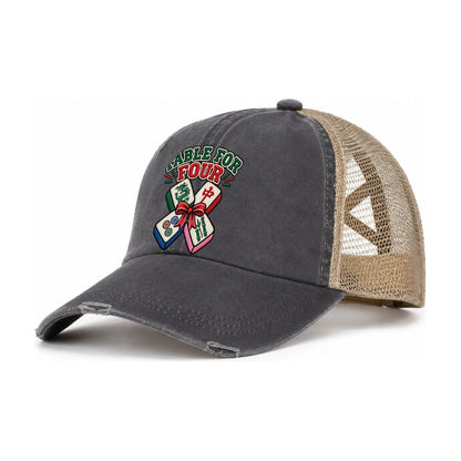 Table For Four Mahjong Game Night Women's Ponytail Trucker Hat – Charcoal Khaki