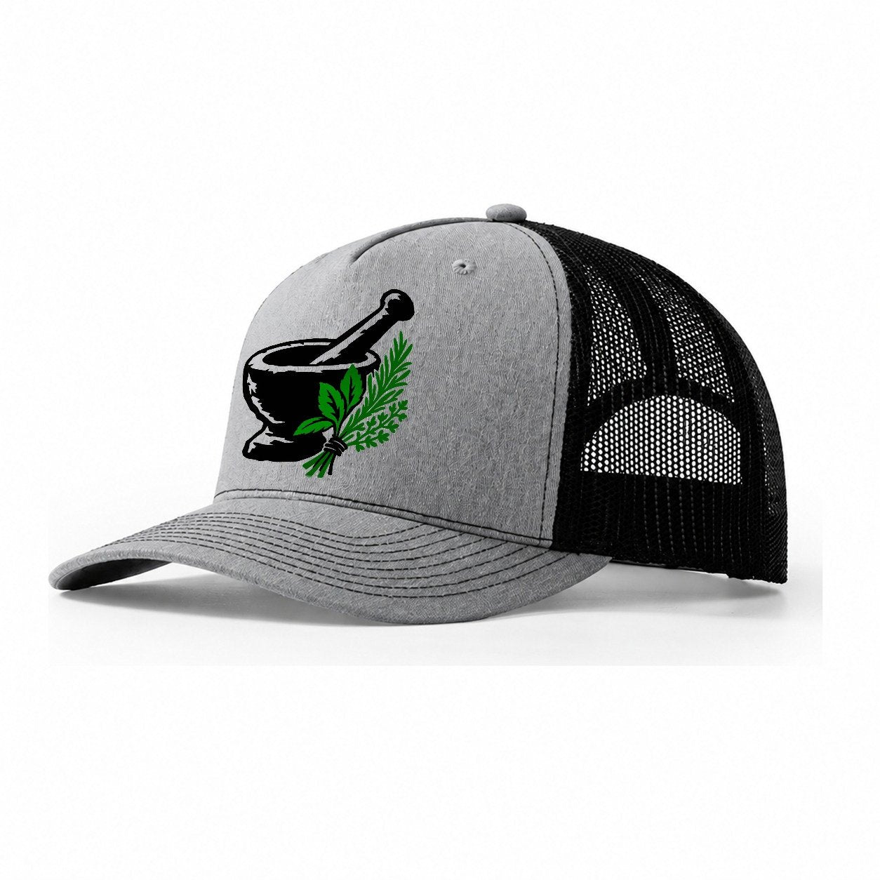 Mortar And Pestle With Herbs Witch Magic Trucker Hat – Sport Grey Black
