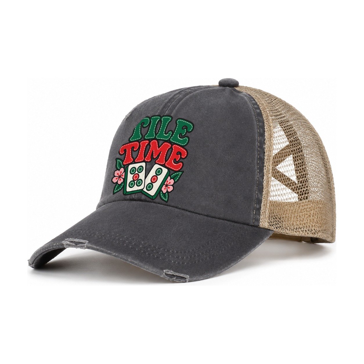Tile Time Mahjong Game Night Women's Ponytail Trucker Hat – Charcoal Khaki