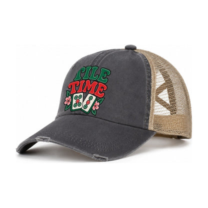 Tile Time Mahjong Game Night Women's Ponytail Trucker Hat – Charcoal Khaki