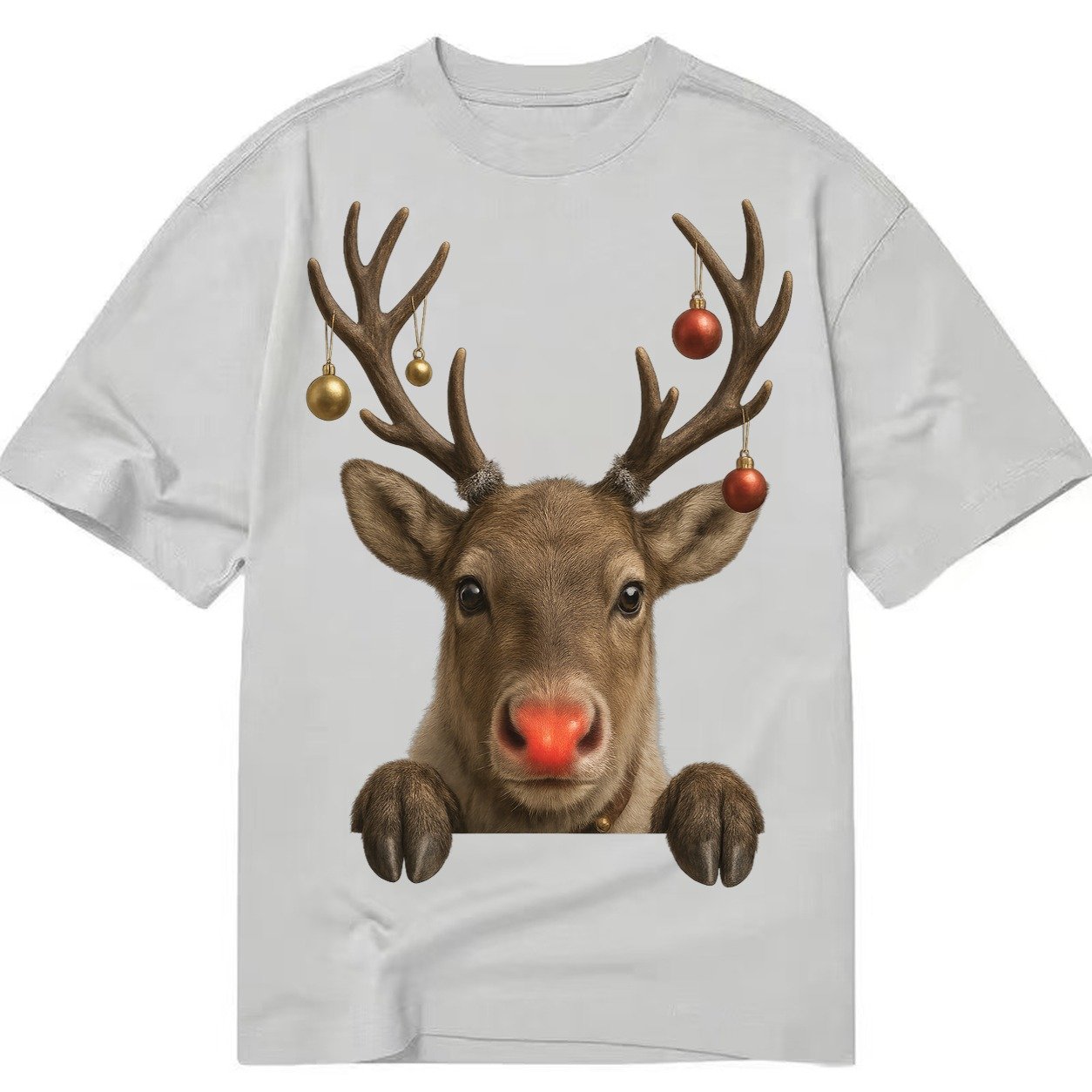 Christmas Reindeer Red Nose Glowing Antlers With Ornaments J Classic T-shirt – Grey