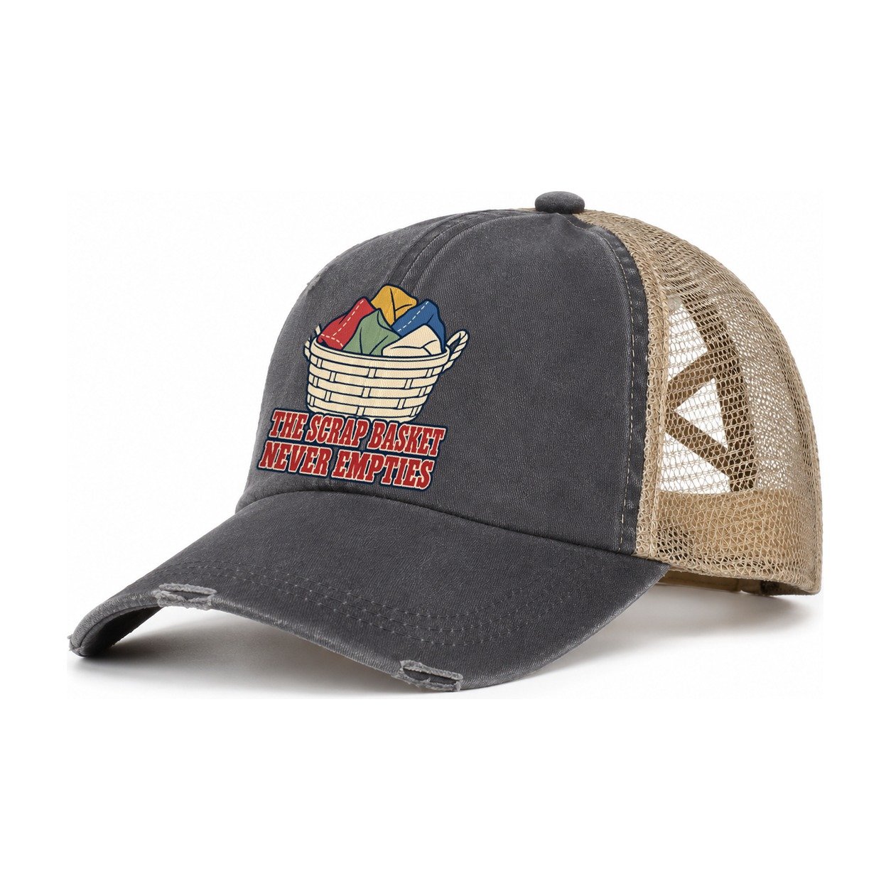 The Scrap Basket Sewing And Quilting Women's Ponytail Trucker Hat – Charcoal Khaki