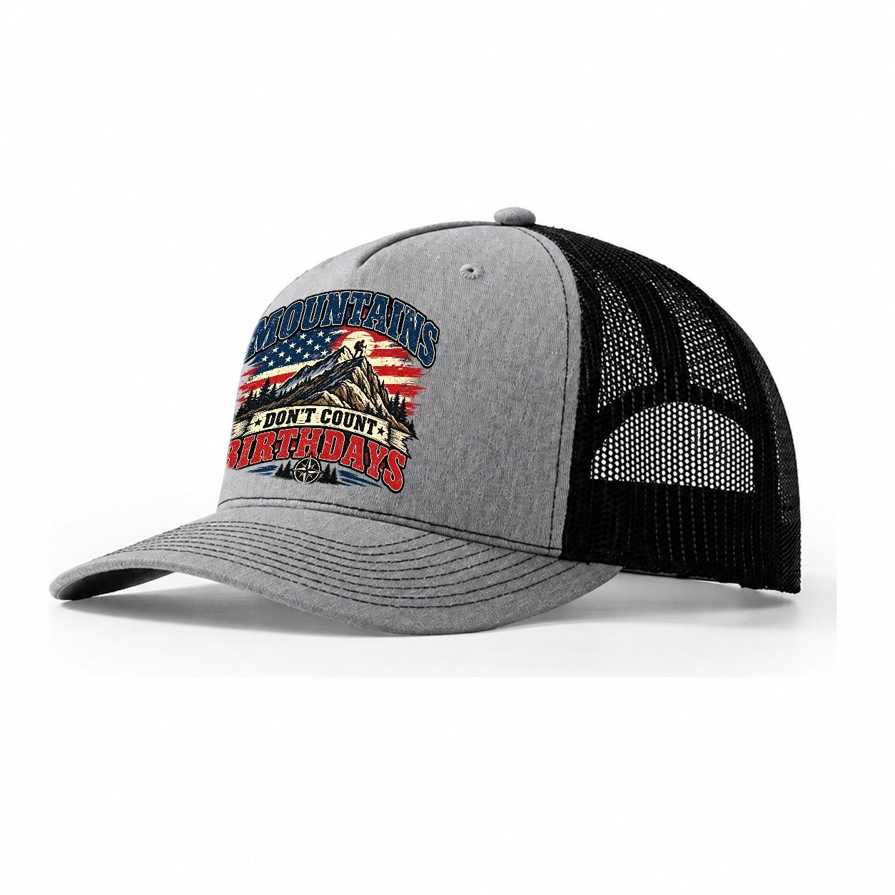 Mountains Don T Count Birthdays Old Man Strong Trucker Hat – Sport Grey Black