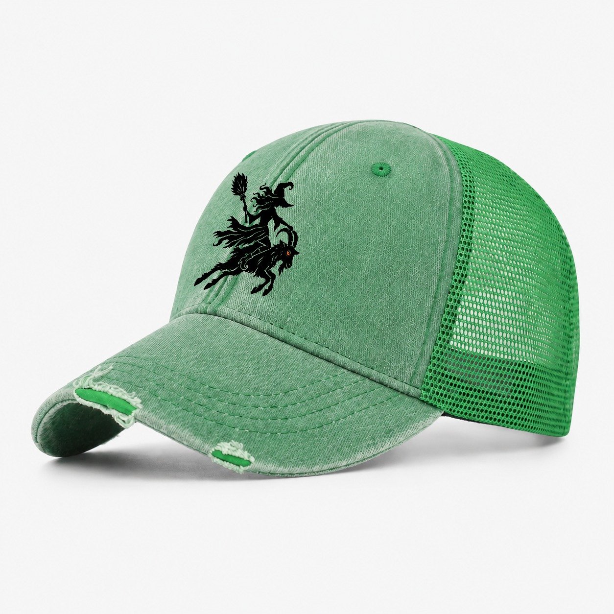 Medieval Woodcut Witch On A Goat Witch Magic Washed Trucker Hat – Ink Green