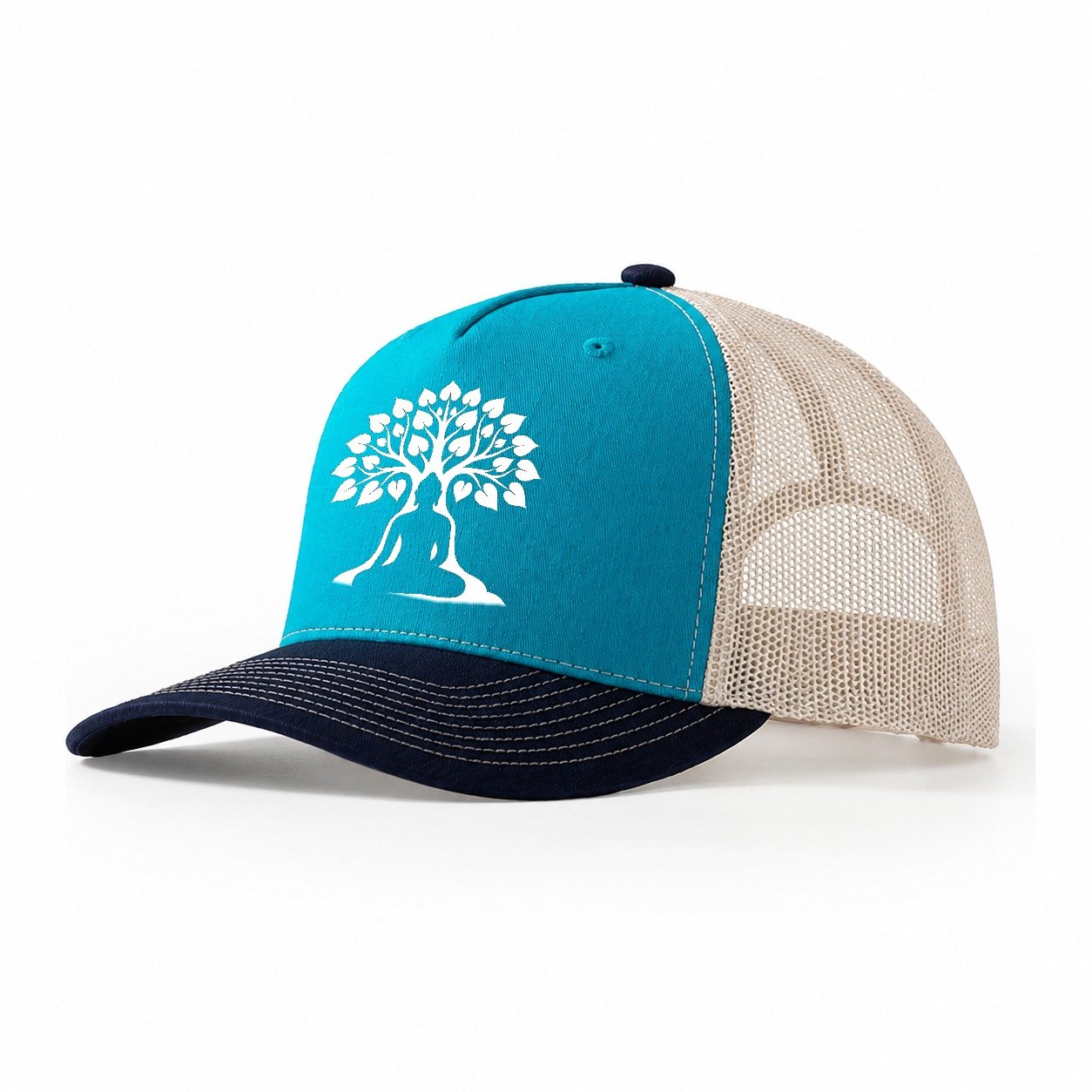 Buddha Silhouette Meditating Negative Space Forms Bodhi Tree Trucker Hat – Teal-Navy