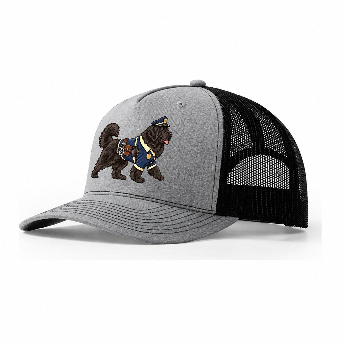 One Newfoundland In Halloween Costume Police Officer Costume With A Tiny Cap And Badge Halloween Dog Parade Trucker Hat – Sport Grey Black