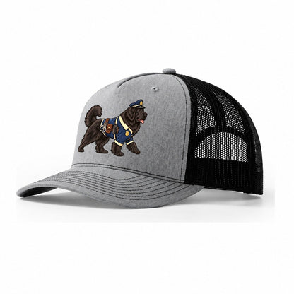 One Newfoundland In Halloween Costume Police Officer Costume With A Tiny Cap And Badge Halloween Dog Parade Trucker Hat – Sport Grey Black