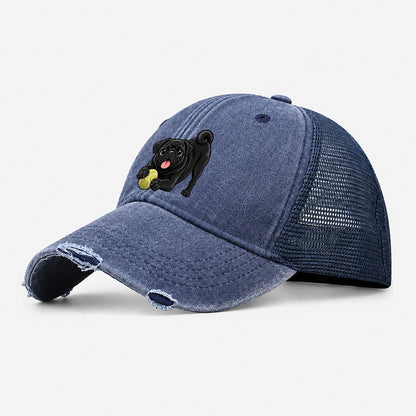 Black Pug with Tennis Ball Washed Trucker Hat – Navy