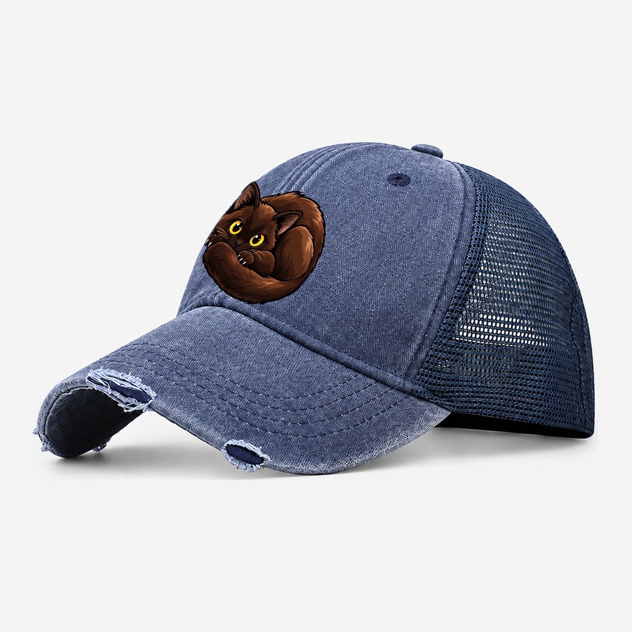 Burmese Curled Peeking Cats Washed Trucker Hat – Navy