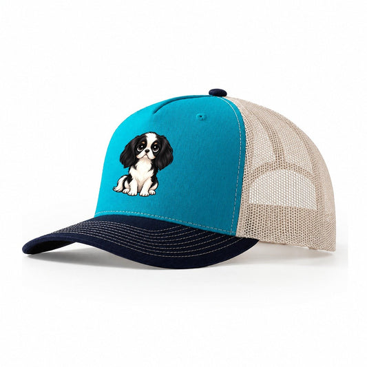 Japanese Chin Sitting Sweetheart Trucker Hat – Teal Navy