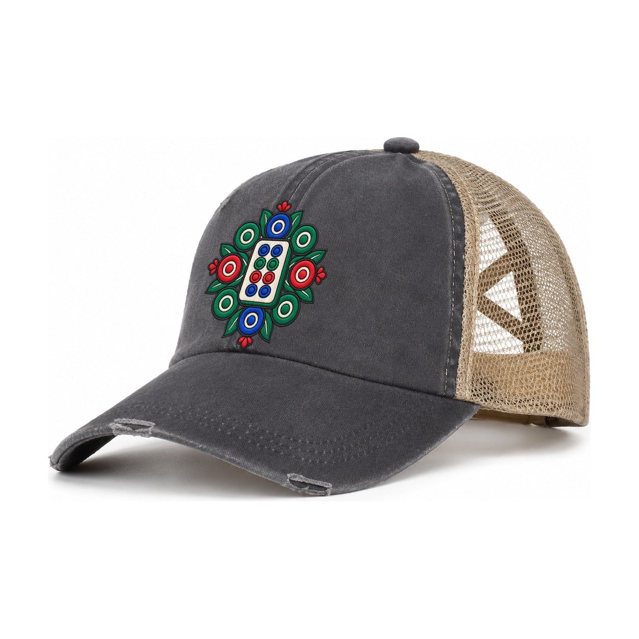 Eight Dot Bloom Mahjong Game Night Women's Ponytail Trucker Hat – Charcoal Khaki