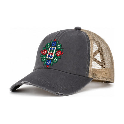 Eight Dot Bloom Mahjong Game Night Women's Ponytail Trucker Hat – Charcoal Khaki