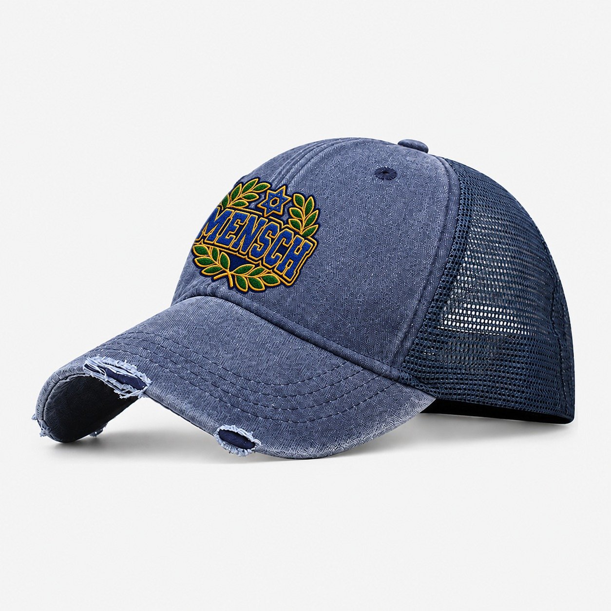 Mensch Badge Judaism Heritage Washed Trucker Hat – Navy