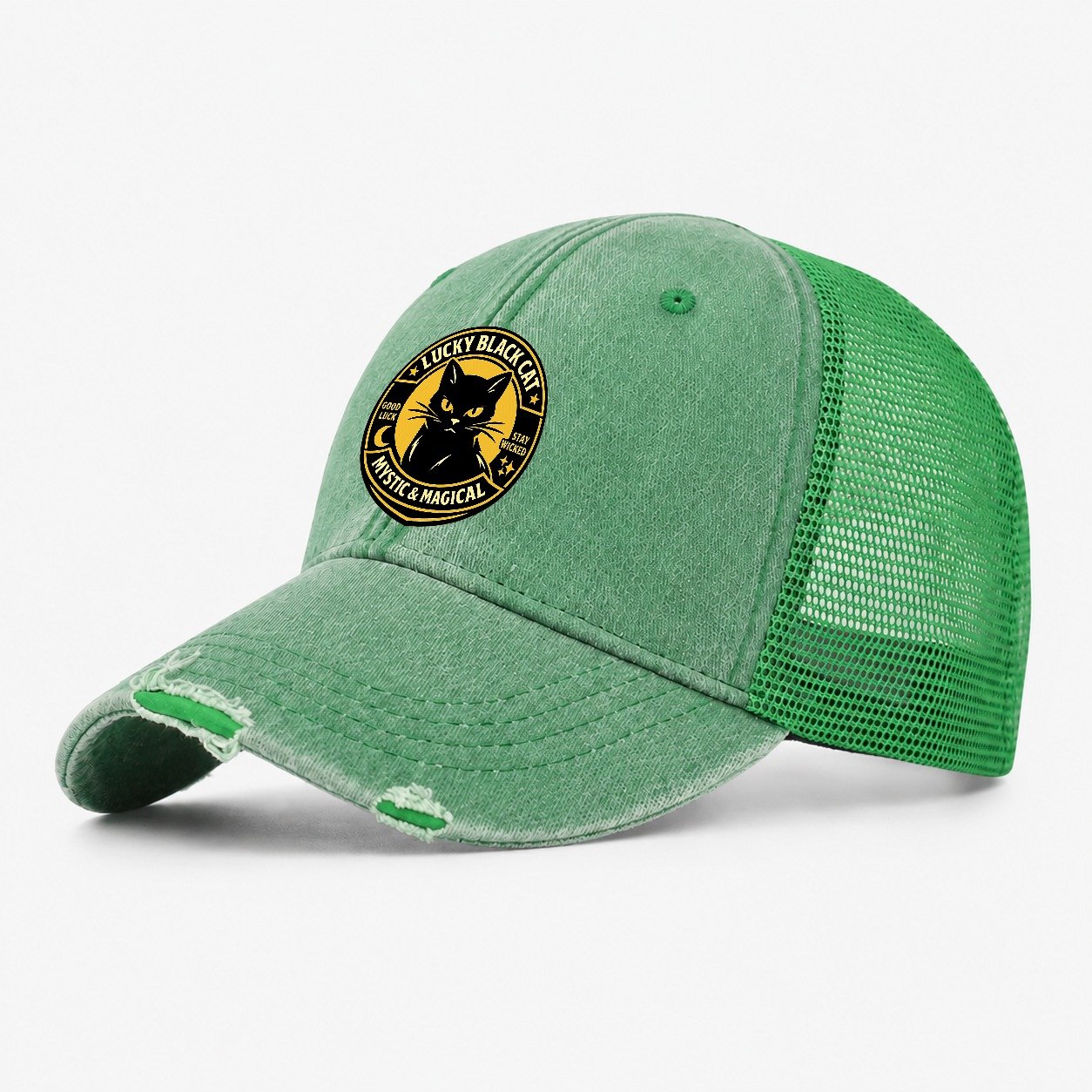 Mystic Feline Emblem Washed Trucker Hat – Ink Green