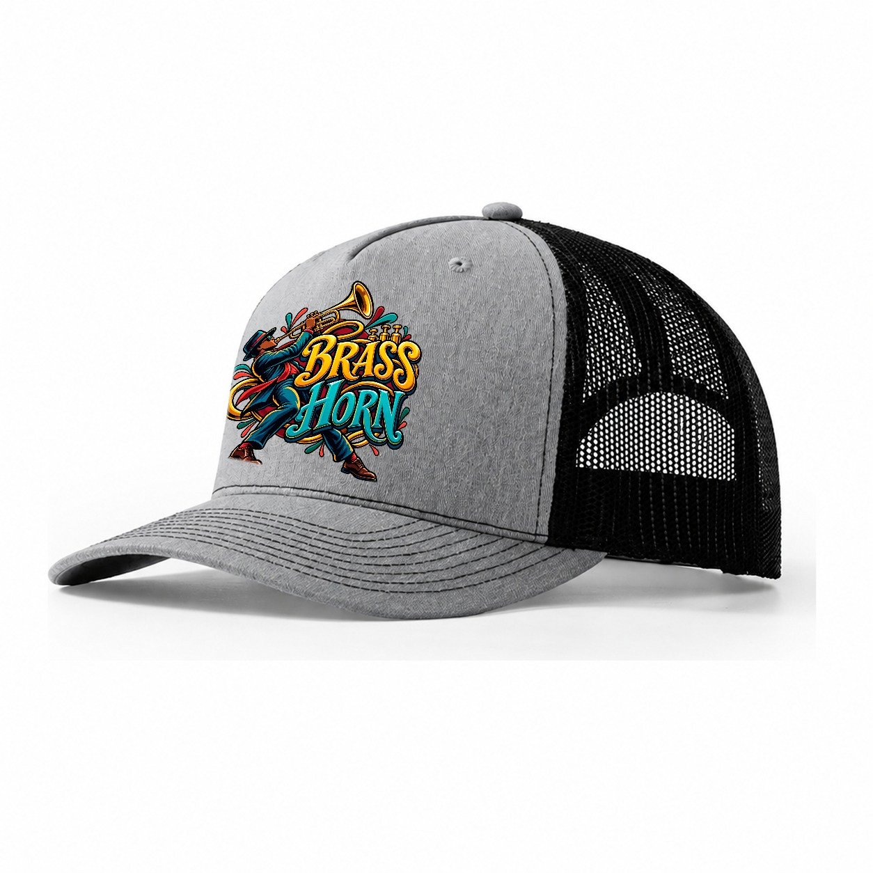 Brass Horn Wordmark Music Instruments Trucker Hat – Sport Grey Black