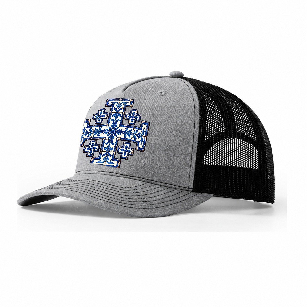 Blue And White Glazed Tile Jerusalem Cross Trucker Hat – Sport Grey Black