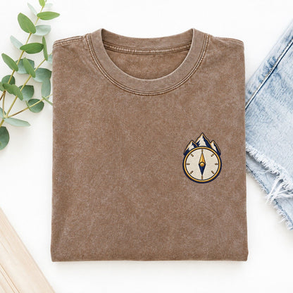 Mountain Compass Symbol Emblems Left Chest Vintage T-shirt – Brown