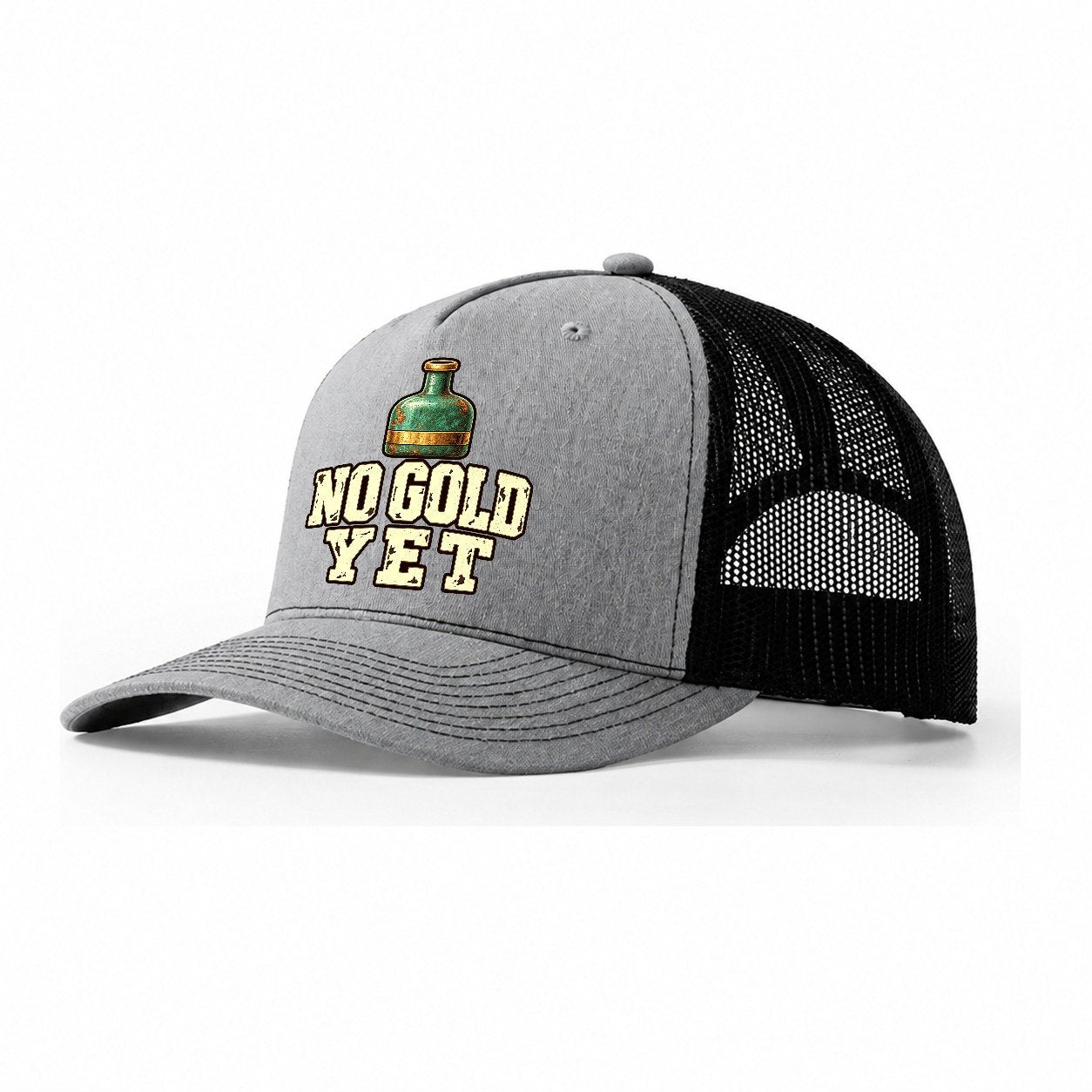 No Gold Yet Treasure Hunting Trucker Hat – Sport Grey Black