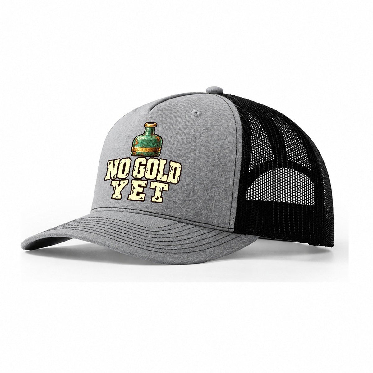 No Gold Yet Treasure Hunting Trucker Hat – Sport Grey Black