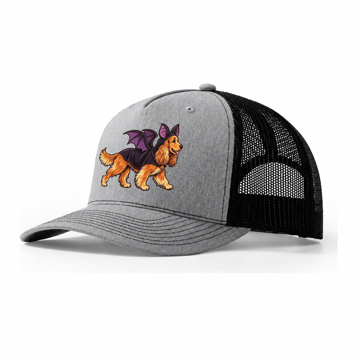 One Cocker Spaniel In Halloween Costume Bat Costume With Soft Felt Wings Halloween Dog Parade Trucker Hat – Sport Grey Black