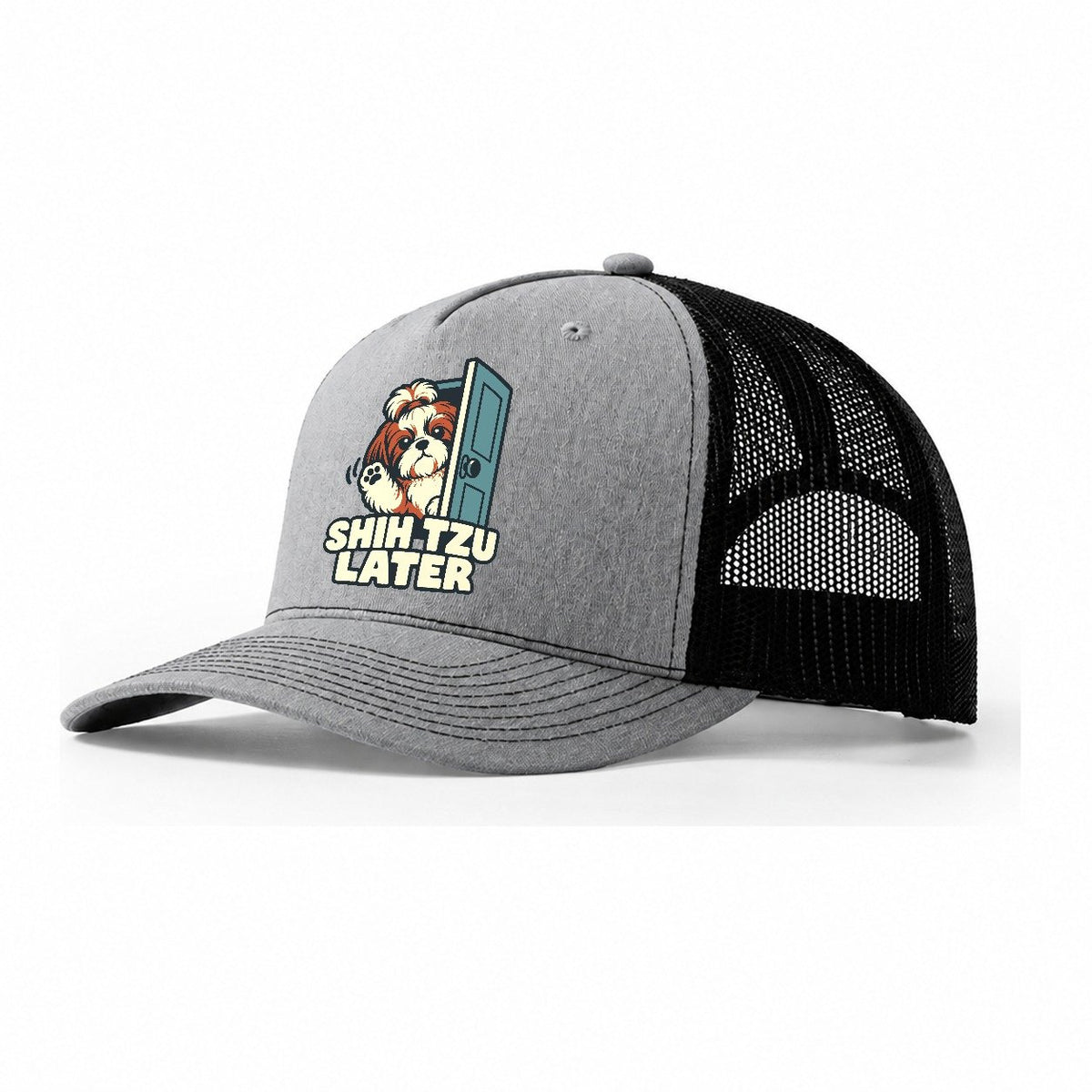 Shih Tzu Later Familiar Punchlines Trucker Hat – Sport Grey Black