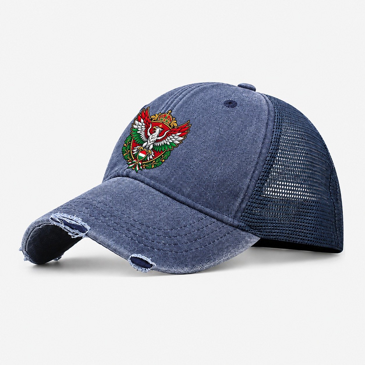Hungary Heraldic Crest Country Logos Washed Trucker Hat – Navy