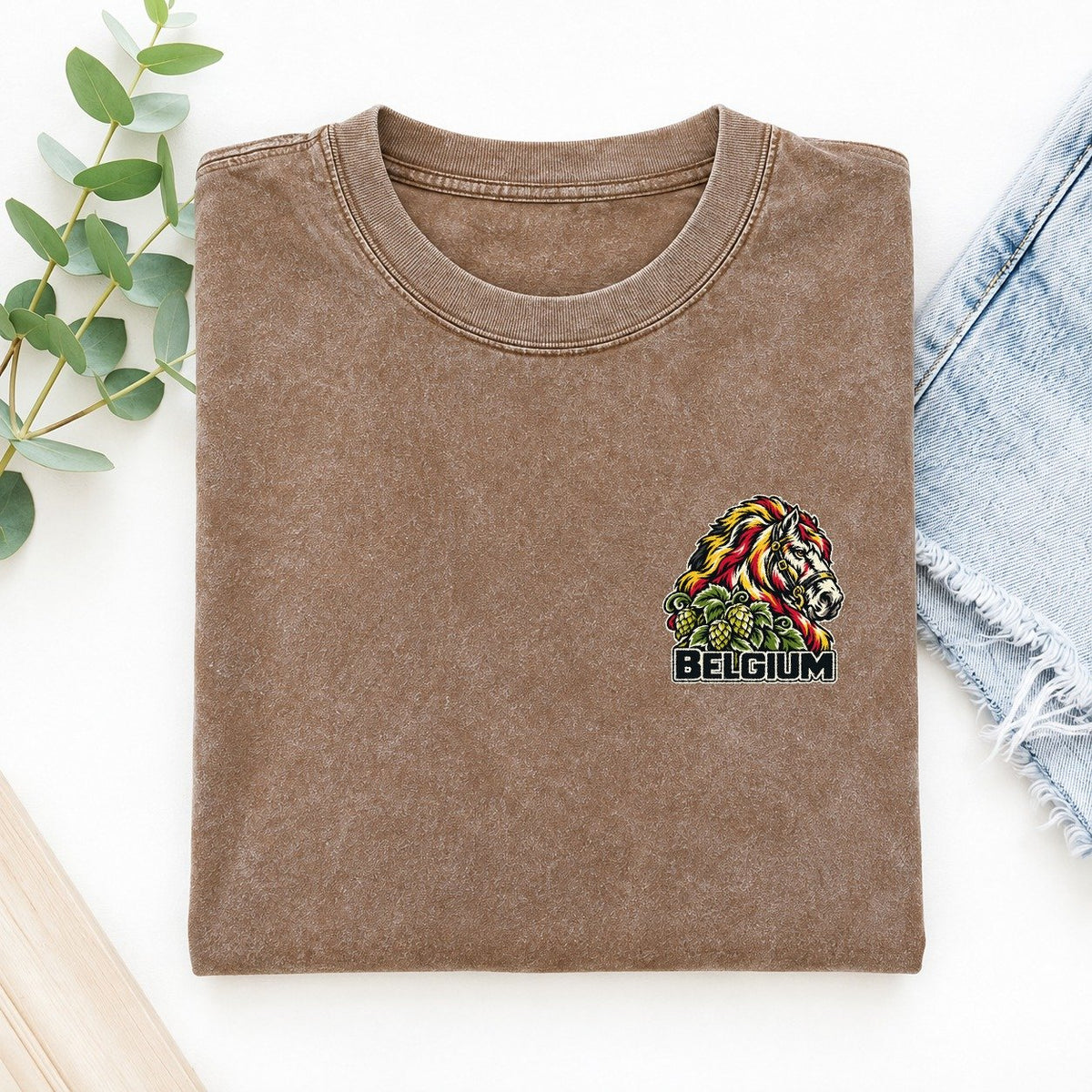 Belgium Country Pride Left Chest Vintage T-shirt – Brown