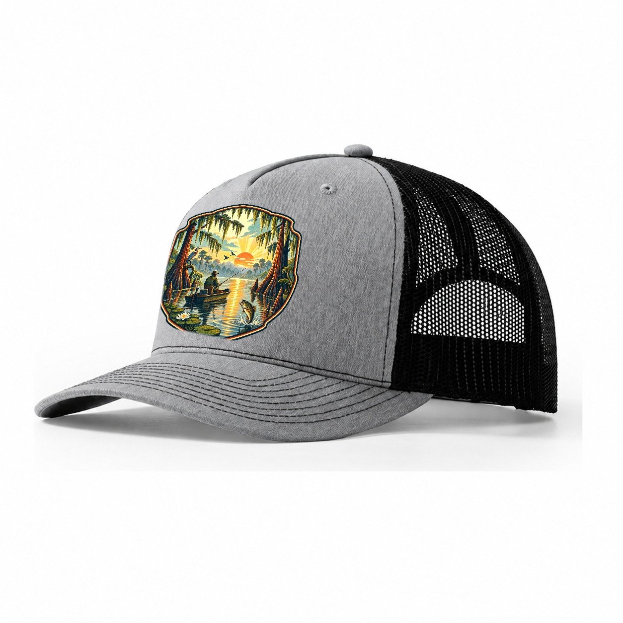 Bayou Cypress Still Water Fishing Club Trucker Hat – Sport Grey Black