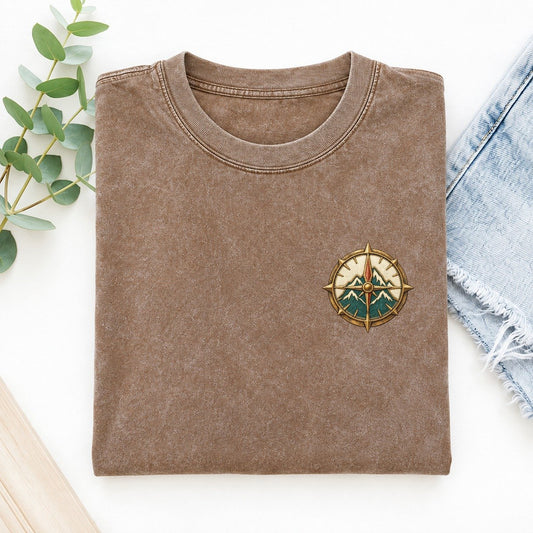 Mountain Compass Fold Keepsake Emblem Left Chest Vintage T-shirt – Brown