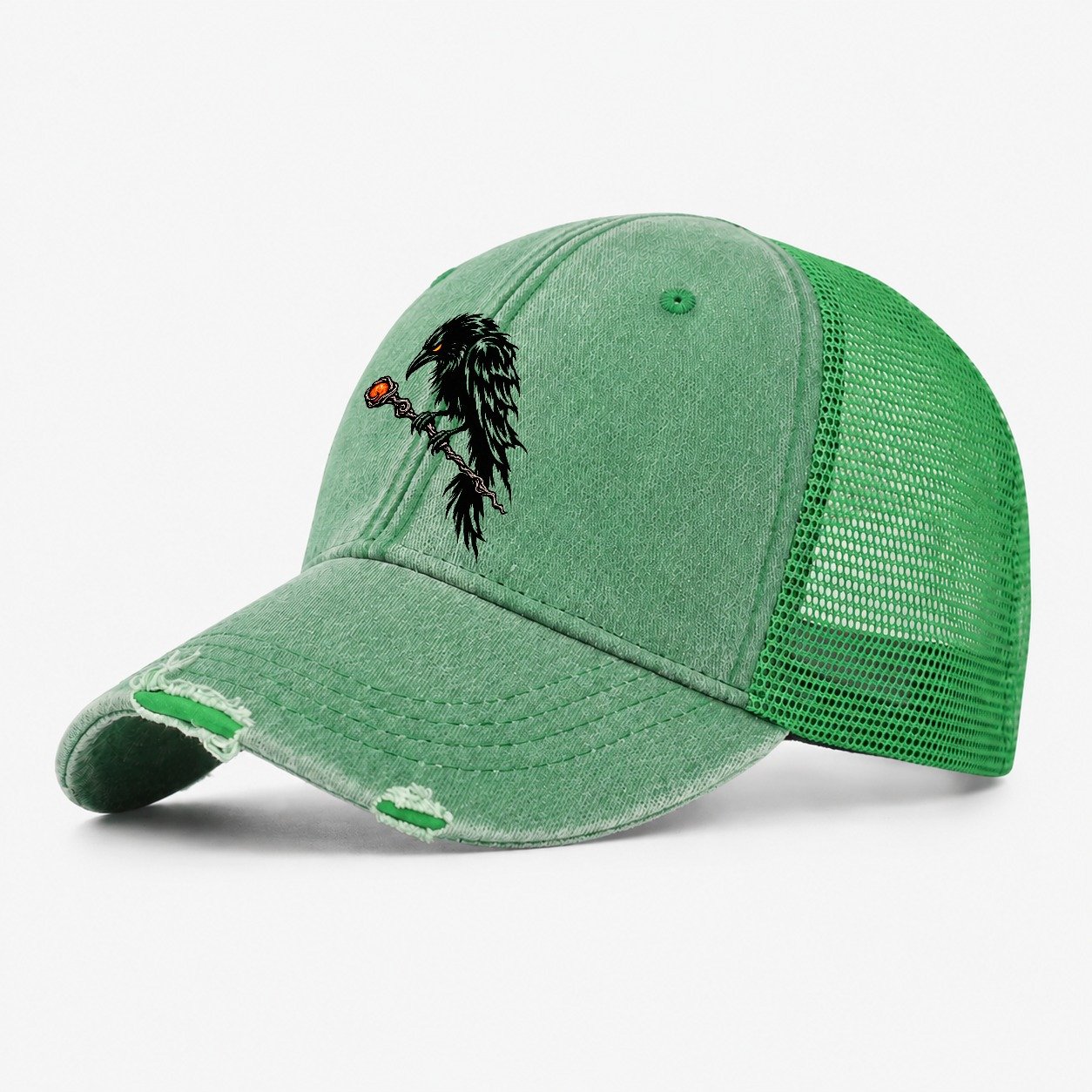 Raven Perched On A Wand Witch Magic Washed Trucker Hat – Ink Green