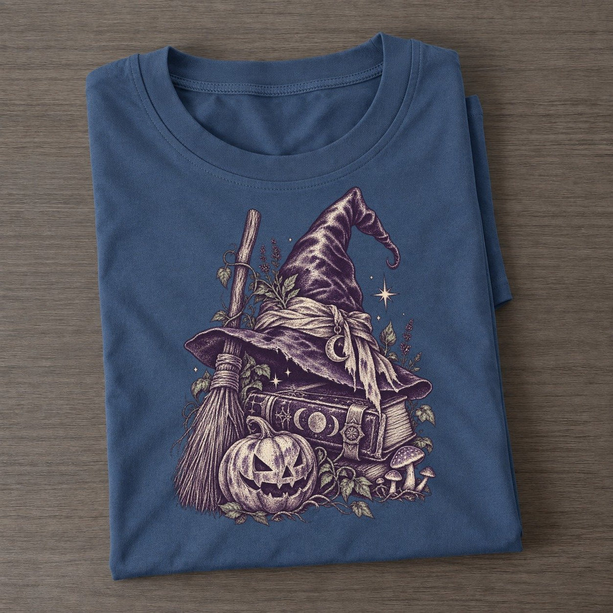 Witch Hat Broom And Spellbook Midnight Haunt Classic T-shirt – Twilight Navy