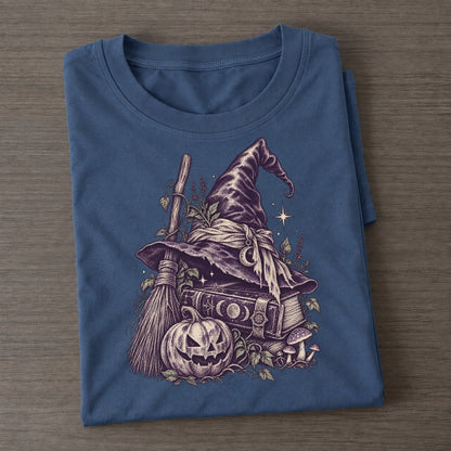 Witch Hat Broom And Spellbook Midnight Haunt Classic T-shirt – Twilight Navy