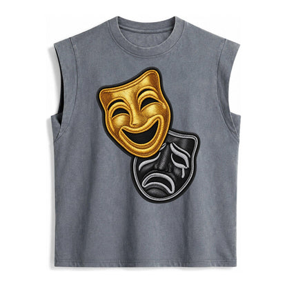 Broadway Masks Comedy Tragedy Masks In Gold And Black Theate Vintage Washed Tank – Grey