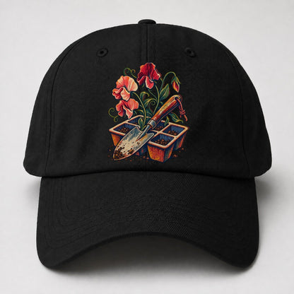 Garden Trowel Seed Tray And Sweet Peas Uk Culture Heritage Baseball Cap – Black