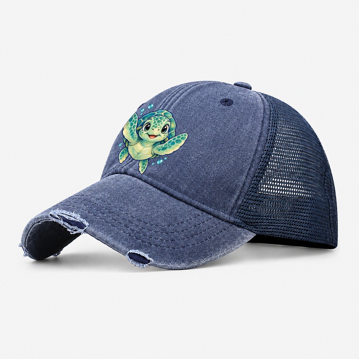 Sea Turtle Front Paddle Sea Sprite Washed Trucker Hat – Navy