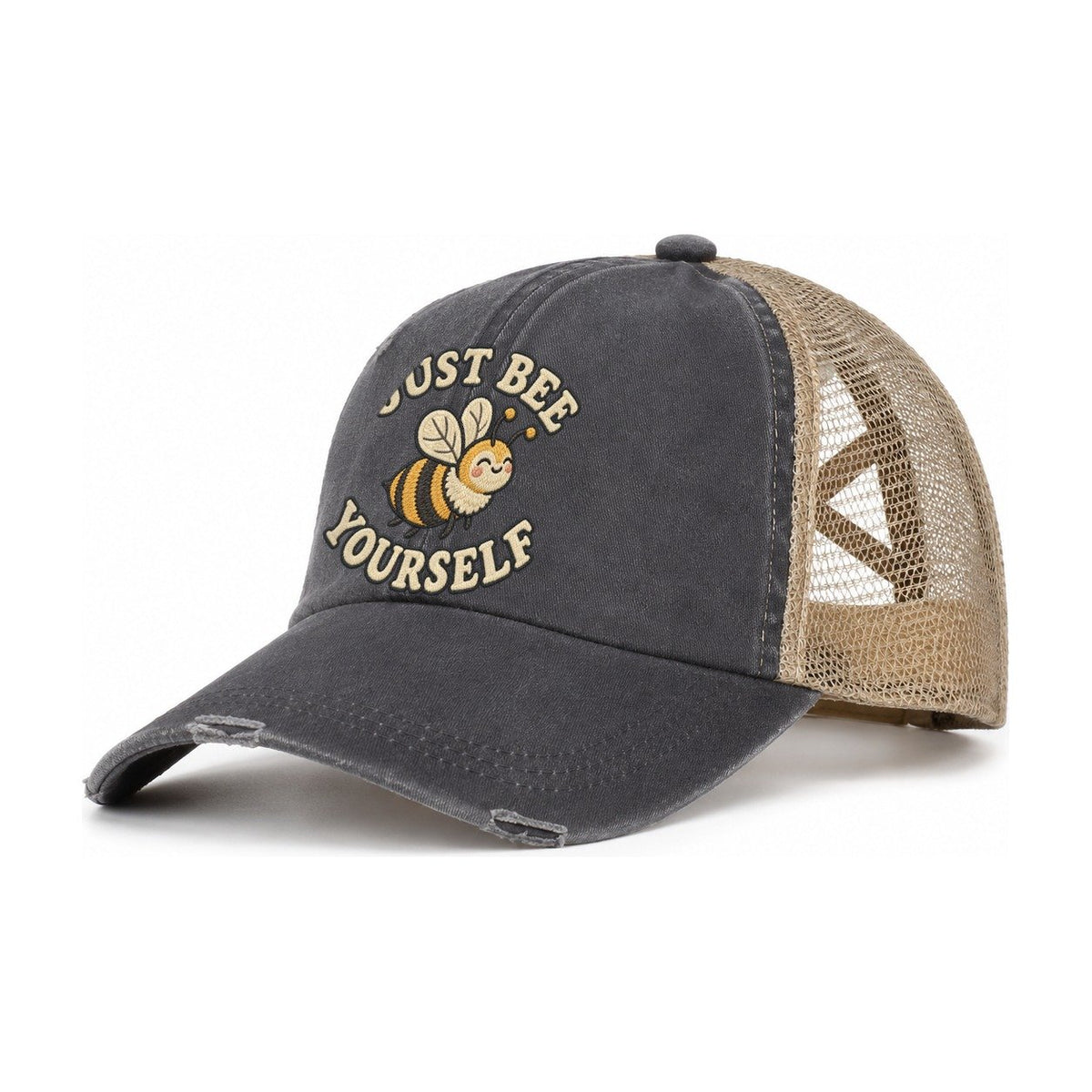 Bee Animal Puns Women's Ponytail Trucker Hat – Charcoal Khaki